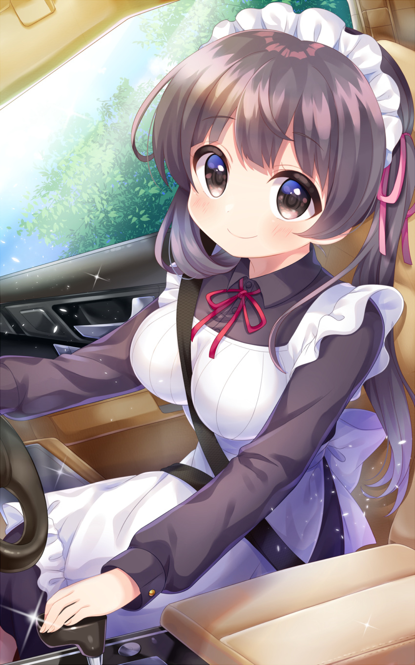 1girl apron bangs blush breasts brown_dress brown_eyes brown_hair car_interior closed_mouth commentary_request copyright_request day dress driving eyebrows_visible_through_hair fingernails frilled_apron frills hair_ribbon highres komachi_pochi large_breasts long_hair maid maid_headdress neck_ribbon official_art pink_ribbon red_ribbon ribbon seat seatbelt sidelocks sitting smile solo steering_wheel twintails very_long_hair white_apron