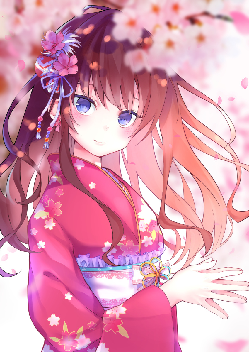 1girl absurdres bangs blue_eyes blurry blurry_background blush brown_hair closed_mouth commentary_request depth_of_field earrings eyebrows_visible_through_hair fingers_together floral_print flower flower_earrings hair_flower hair_ornament happy_new_year head_tilt highres hoshino_yura ichinose_shiki idolmaster idolmaster_cinderella_girls idolmaster_cinderella_girls_starlight_stage japanese_clothes jewelry kimono long_hair looking_at_viewer looking_to_the_side new_year obi petals pink_flower print_kimono red_kimono sash smile solo upper_body