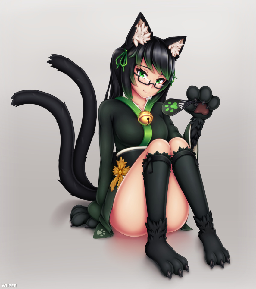 1girl absurdres animal_ear_fluff animal_ears artist_name bell black-framed_eyewear black_hair borrowed_character cat_ears cat_tail claws commentary convenient_leg eyebrows_visible_through_hair full_body glasses gradient gradient_hair green_eyes green_hair grey_background head_tilt highres japanese_clothes jingle_bell looking_at_viewer multicolored_hair multiple_tails original paws rectangular_eyewear semi-rimless_eyewear simple_background sitting solo tail tharkis twintails two-tone_hair two_tails under-rim_eyewear wlper