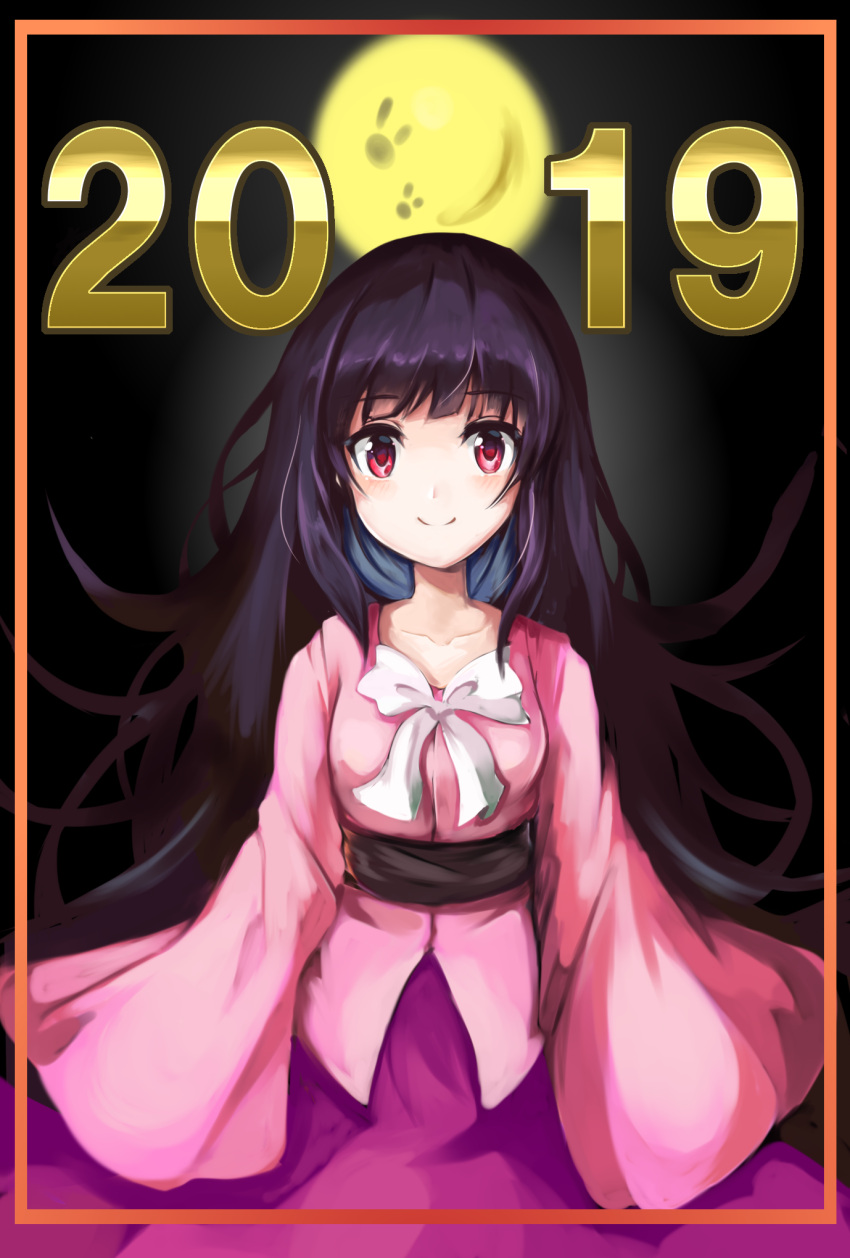 1860_(ichi) 1girl 2019 arms_at_sides black_hair blush border bow closed_mouth collarbone commentary_request full_moon highres houraisan_kaguya long_hair long_sleeves looking_at_viewer moon night night_sky orange_border pink_eyes purple_skirt sash skirt sky sleeves_past_fingers sleeves_past_wrists smile solo straight_hair tareme touhou very_long_hair white_bow wide_sleeves