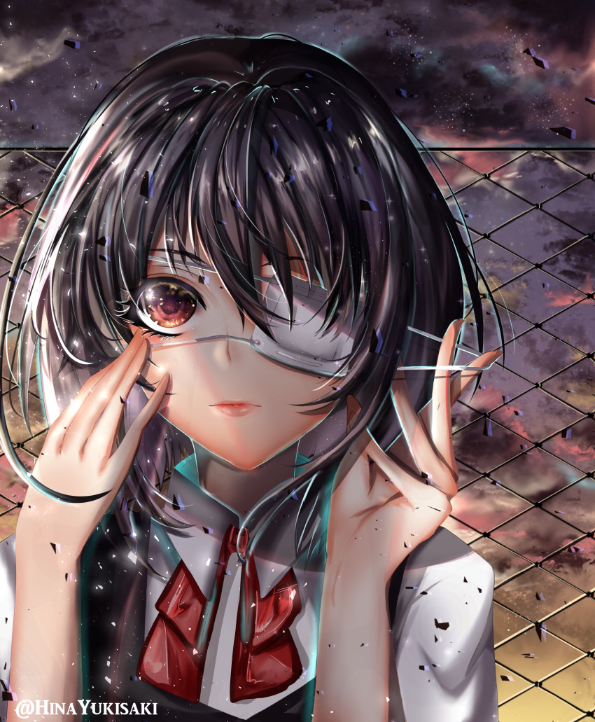 1girl @ absurdres another artist_name black_hair closed_mouth clouds commentary_request evening eyepatch eyepatch_pull face fence finger_on_eyewear hair_between_eyes hand_on_eyewear hand_on_own_face hands highres hinayukisaki lips long_eyelashes looking_at_viewer misaki_mei one_eye_covered open_eyes out_of_frame red_eyes red_neckwear ribbon school_uniform shirt short_hair solo white_eyepatch white_shirt