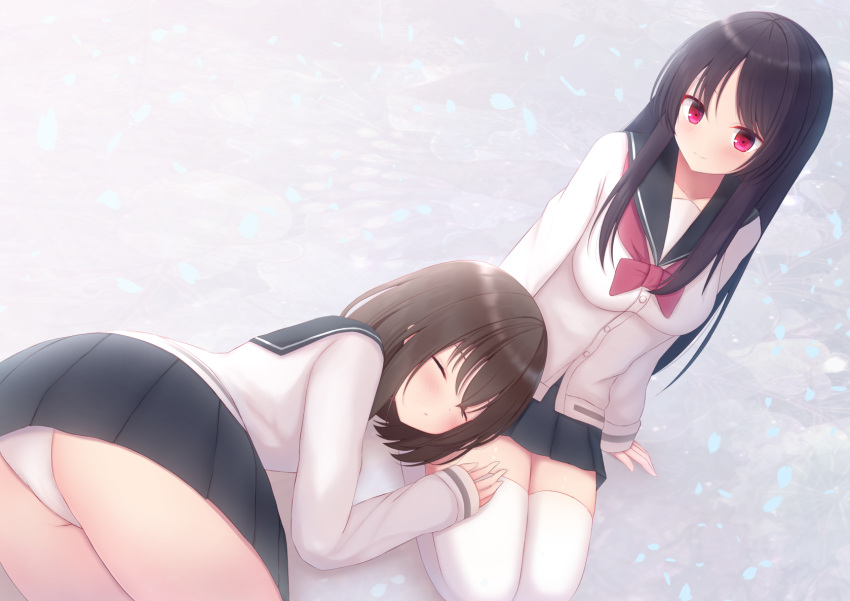 2girls arm_support bangs black_hair black_sailor_collar black_skirt blush bow bowtie breasts brown_hair buttons closed_eyes closed_mouth collarbone firepo hand_on_another's_thigh highres lap_pillow long_hair long_sleeves looking_at_viewer lying medium_breasts miniskirt multiple_girls on_side onjouji_toki panties pleated_skirt red_eyes red_neckwear sailor_collar saki saki_achiga-hen school_uniform seiza serafuku shimizudani_ryuuka shirt short_hair sidelocks sitting skirt sleeping sleeves_past_wrists smile thigh-highs underwear white_legwear white_panties white_shirt zettai_ryouiki