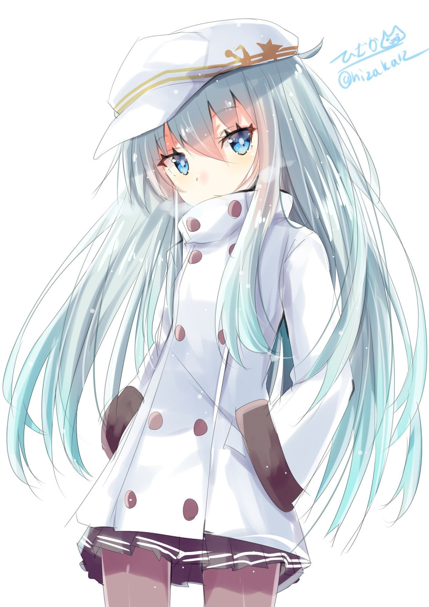 1girl alternate_costume black_legwear black_skirt blue_eyes closed_mouth eyebrows_visible_through_hair flat_cap hair_between_eyes hammer_and_sickle hat hibiki_(kantai_collection) highres hizaka kantai_collection long_hair looking_at_viewer pantyhose peaked_cap pleated_skirt remodel_(kantai_collection) silver_hair simple_background skirt solo star verniy_(kantai_collection) white_background white_coat white_hat