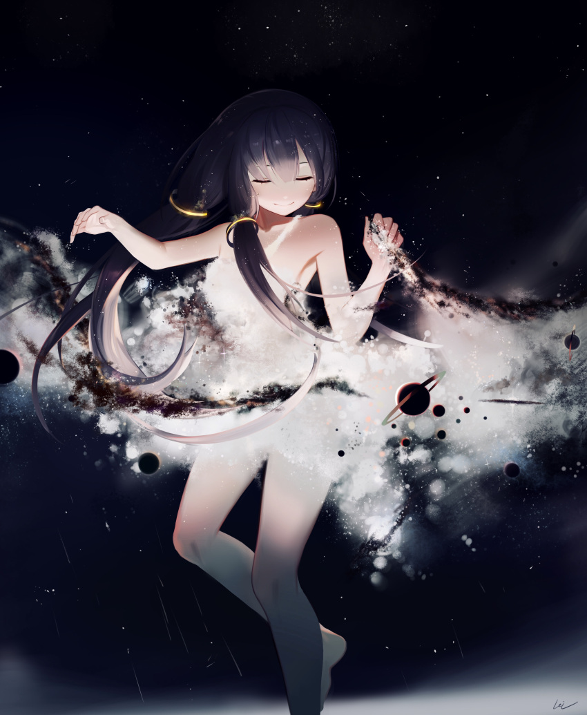 1girl absurdres arm_up armpits bangs bare_arms bare_legs bare_shoulders barefoot black_hair closed_eyes closed_mouth commentary_request dark_background dress facing_viewer hand_up highres leg_up leiq long_hair low-tied_long_hair planet saturn signature skirt_hold sleeveless sleeveless_dress smile solo sparkle vocaloid vocanese white_dress xingchen