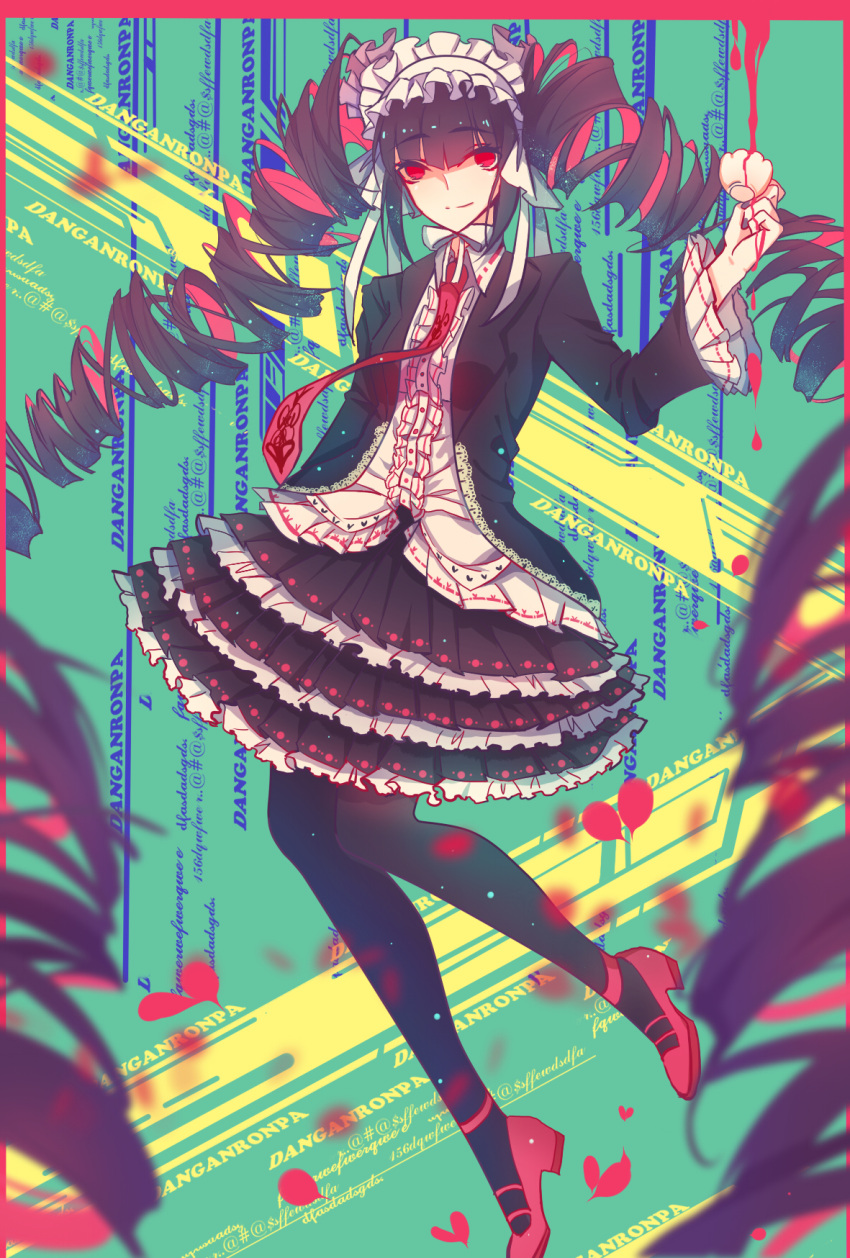 # 1girl @ black_hair black_jacket black_legwear black_skirt blood bonnet celestia_ludenberck commentary_request cup dangan_ronpa dangan_ronpa_1 dress drill_hair eyebrows_visible_through_hair frame frills gothic_lolita hairband highres holding holding_cup hq_(876704940) jacket lolita_fashion long_hair looking_at_viewer necktie pink_blood pink_footwear red_eyes red_neckwear shirt skirt smile solo thigh-highs twin_drills twintails white_shirt