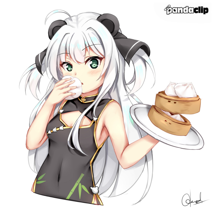 1girl absurdres bamboo_steamer bangs baozi black_dress blush borrowed_character china_dress chinese_clothes chrisandita commentary covered_navel cropped_torso dress english_commentary eyebrows_visible_through_hair food green_eyes highres holding holding_food holding_tray long_hair original parted_lips silver_hair simple_background sleeveless sleeveless_dress solo tray upper_body very_long_hair white_background