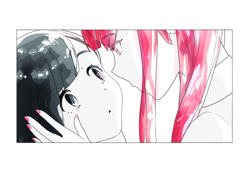 2others absurdres androgynous black_eyes black_hair colored_eyelashes crystal_hair eyebrows_visible_through_hair face-to-face hand_on_another's_face highres houseki_no_kuni looking_at_another multiple_others obsidian_(houseki_no_kuni) red_beryl_(houseki_no_kuni) red_eyes redhead white_skin