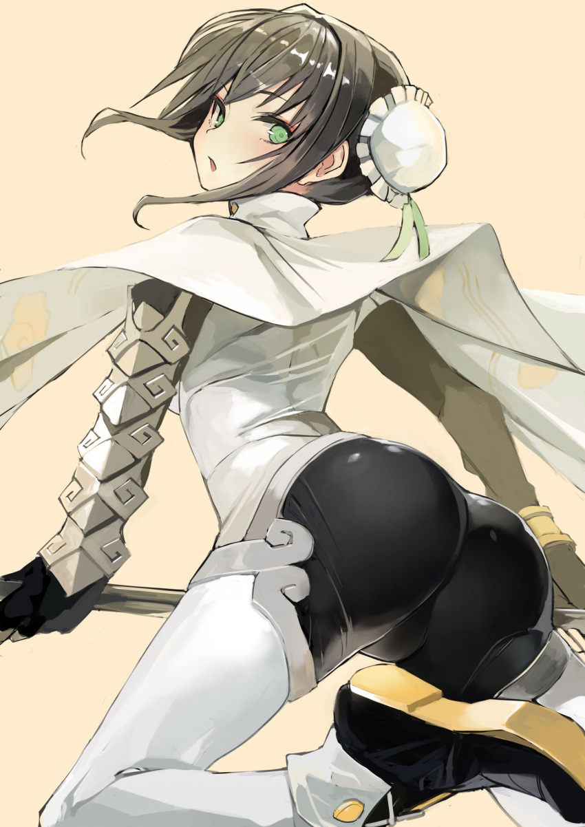 1girl ass bangs black_gloves black_hair bodysuit breasts cape commentary_request double_bun fate/grand_order fate_(series) fingerless_gloves gloves green_eyes hair_between_eyes highres holding holding_weapon leg_up looking_at_viewer looking_back medium_breasts open_mouth polearm qin_liangyu_(fate) shiny shiny_clothes shiny_hair short_hair sidelocks solo taishi_(picchiridou) weapon