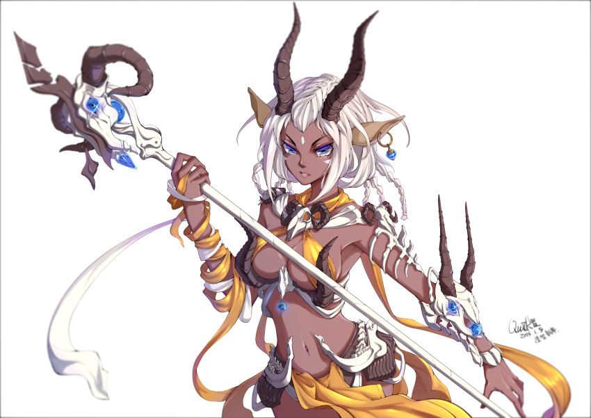 1girl 2015 absurdres animal_ears animal_skull blue_eyes bone dark_skin earrings facial_mark gem highres holding holding_staff holding_weapon horns jewelry navel open_mouth original quick_(quickzhi) scarf signature simple_background skull solo staff upper_body weapon white_hair