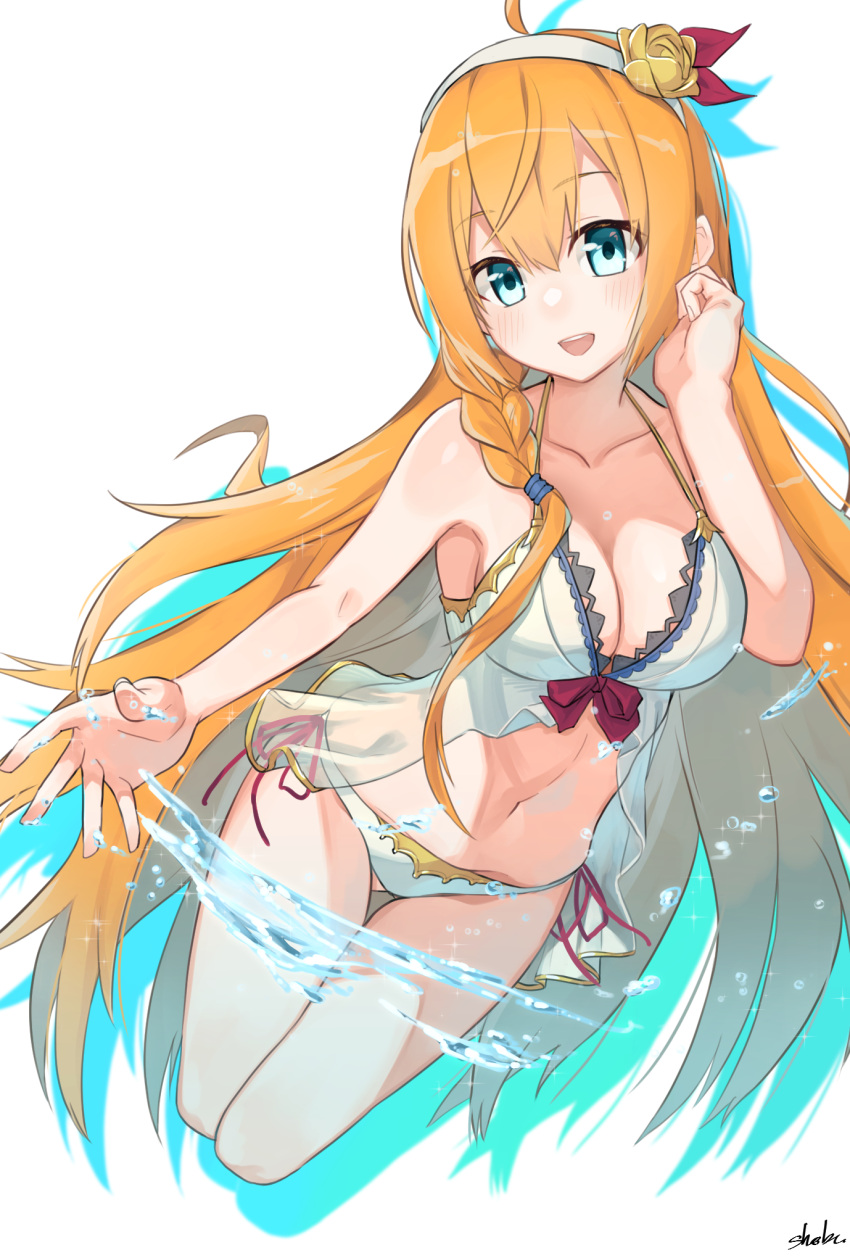 1girl :d ahoge artist_name babydoll bangs bikini blue_eyes blush bow braid breasts cleavage eyebrows_visible_through_hair flower gluteal_fold hair_between_eyes hair_flower hair_ornament hairband highres jumping long_hair medium_breasts navel open_mouth orange_hair pecorine princess_connect! princess_connect!_re:dive red_bow rose sho_bu_1116 side-tie_bikini side_braid smile solo splashing swimsuit very_long_hair water water_drop white_background white_hairband yellow_flower yellow_rose