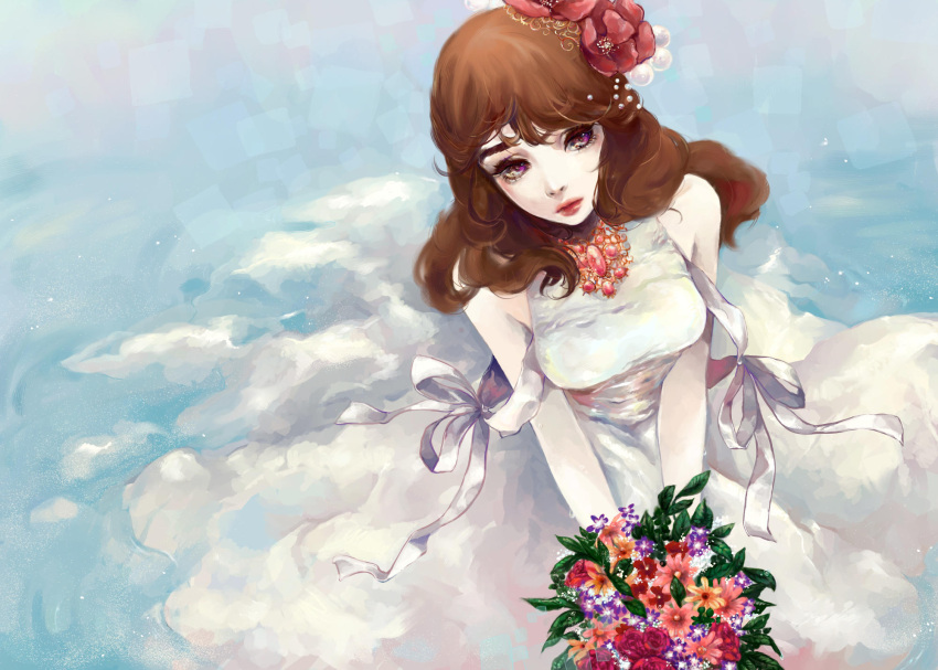 1girl bouquet brown_eyes brown_hair closed_mouth commentary conniekims dress english_commentary flower hair_flower hair_ornament highres holding holding_bouquet lips long_hair looking_at_viewer original red_flower silver_ribbon standing white_dress