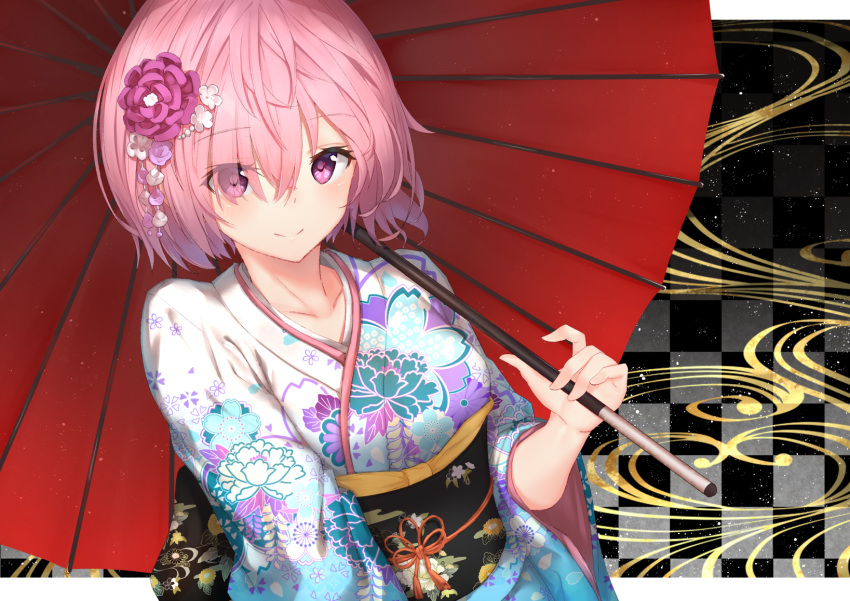 1girl bangs breasts checkered checkered_background closed_mouth collarbone commentary_request eyebrows_visible_through_hair fate/grand_order fate_(series) flower hair_flower hair_ornament hair_over_one_eye highres holding holding_umbrella japanese_clothes kanzashi kimono long_sleeves looking_at_viewer mash_kyrielight medium_breasts obi oriental_umbrella pink_hair purple_flower reuri_(tjux4555) sash sidelocks smile solo umbrella upper_body violet_eyes white_kimono wide_sleeves