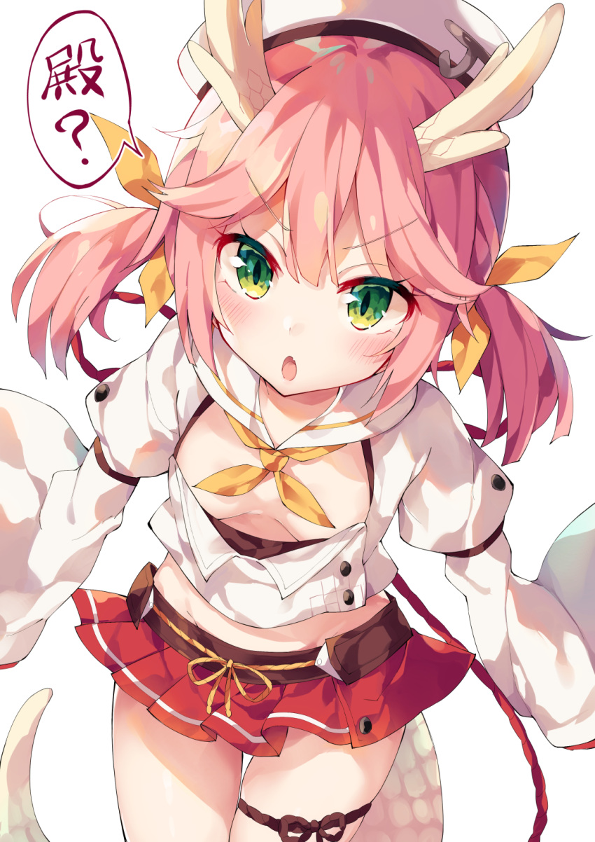 1girl :o azur_lane bangs beret blush breasts breasts_apart buttons commentary_request cowboy_shot crop_top downblouse dragon_girl dragon_horns dragon_tail eyebrows_visible_through_hair green_eyes hair_ribbon hat highres horns juliet_sleeves leaning_forward long_hair long_sleeves looking_at_viewer midriff miniskirt navel neckerchief open_mouth orange_neckwear orange_ribbon pink_hair pleated_skirt puffy_sleeves red_skirt ribbon ryuujou_(azur_lane) sailor_collar shirt sidelocks simple_background skirt small_breasts solo speech_bubble stomach tail thighs tilted_headwear twintails unacchi_(nyusankin) v-shaped_eyebrows white_background white_hat white_sailor_collar white_shirt wide_sleeves