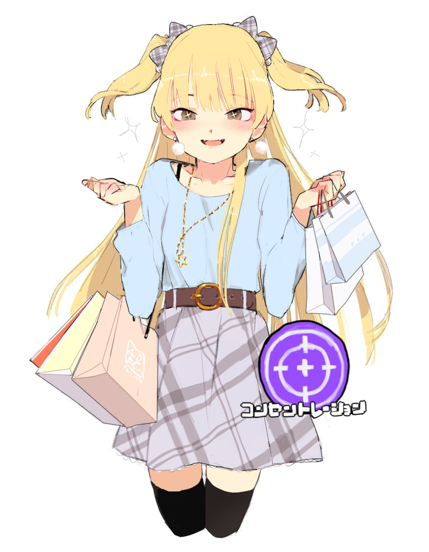 +_+ 1girl arms_up bag bangs belt black_legwear blonde_hair blue_shirt blush bow brown_eyes checkered checkered_bow commentary_request grey_skirt hageshii_nakano hair_bow highres idolmaster idolmaster_cinderella_girls jewelry jougasaki_rika long_sleeves necklace open_mouth paper_bag shirt shopping_bag simple_background skirt solo stand star star_necklace thigh-highs two_side_up white_background