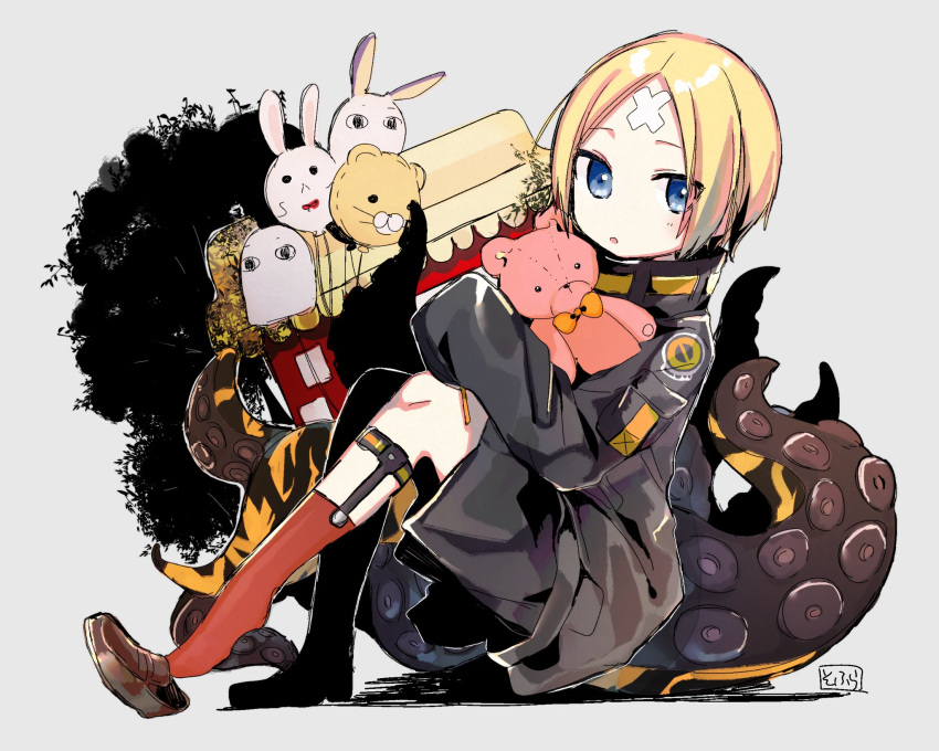 1girl :o abigail_williams_(fate/grand_order) balloon bangs black_bow black_jacket blonde_hair blue_eyes blush bow brown_footwear commentary_request crossed_bandaids fate/grand_order fate_(series) fou_(fate/grand_order) grey_background hair_bow heroic_spirit_traveling_outfit highres jacket loafers long_sleeves looking_at_viewer medjed object_hug orange_bow parted_bangs parted_lips polka_dot polka_dot_bow red_legwear revision shoes sitting sleeves_past_fingers sleeves_past_wrists socks sofra solo stuffed_animal stuffed_toy suction_cups teddy_bear tentacle