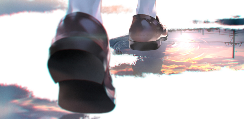 1girl blurry blurry_background brown_footwear depth_of_field feet loafers original outdoors puddle reflection ripples shoe_soles shoes solo sousou_(sousouworks) sun sunlight telephone_pole walking water white_legwear