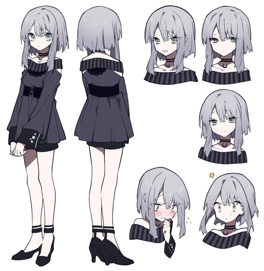 1girl :d black_choker black_dress black_footwear choker closed_mouth commentary_request copyright_request dress expressions eyebrows_visible_through_hair eyes_visible_through_hair flying_sweatdrops grey_eyes grey_hair high_heels highres long_sleeves looking_at_viewer mochizuki_kei open_mouth sash short_dress short_hair short_shorts shorts sidelocks simple_background smile sparkle standing star white_background wide-eyed