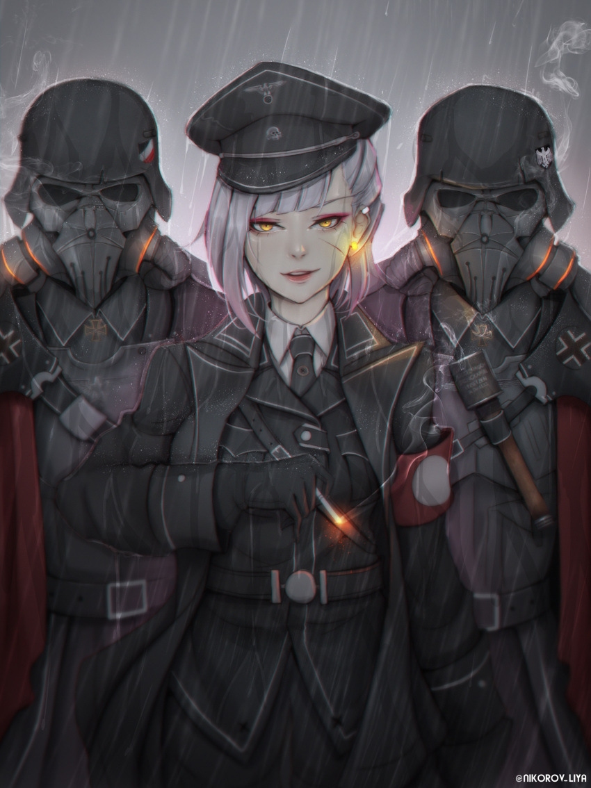 1girl absurdres armband belt black_belt black_gloves black_hat black_neckwear cigarette facial_scar gloves grin hat highres lips liya_nikorov looking_at_viewer military military_uniform nazi necktie original parteiadler peaked_cap rain red_armband reichsadler scar scar_on_cheek skull smile swastika uniform world_war_ii yellow_eyes