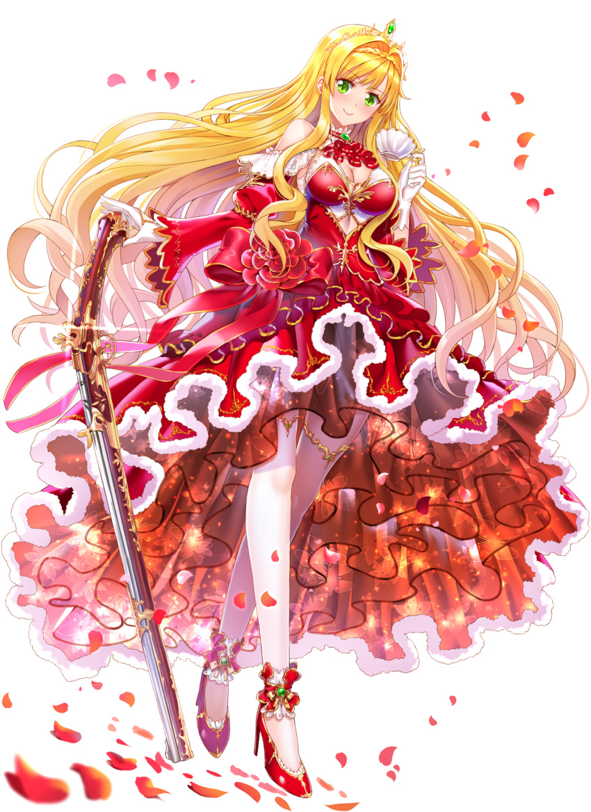 1girl bangs bare_shoulders blonde_hair blush bow breasts cleavage closed_mouth commentary_request cup detached_sleeves dress eyebrows_visible_through_hair flower glint gloves green_eyes gun high_heels highres holding holding_cup juliet_sleeves long_hair long_sleeves medium_breasts musket original petals puffy_sleeves purple_footwear red_bow red_dress red_flower red_footwear red_neckwear red_rose red_sleeves rose see-through shoes simple_background smile solo standing swordsouls teacup thigh-highs tiara very_long_hair weapon white_background white_gloves white_legwear wide_sleeves