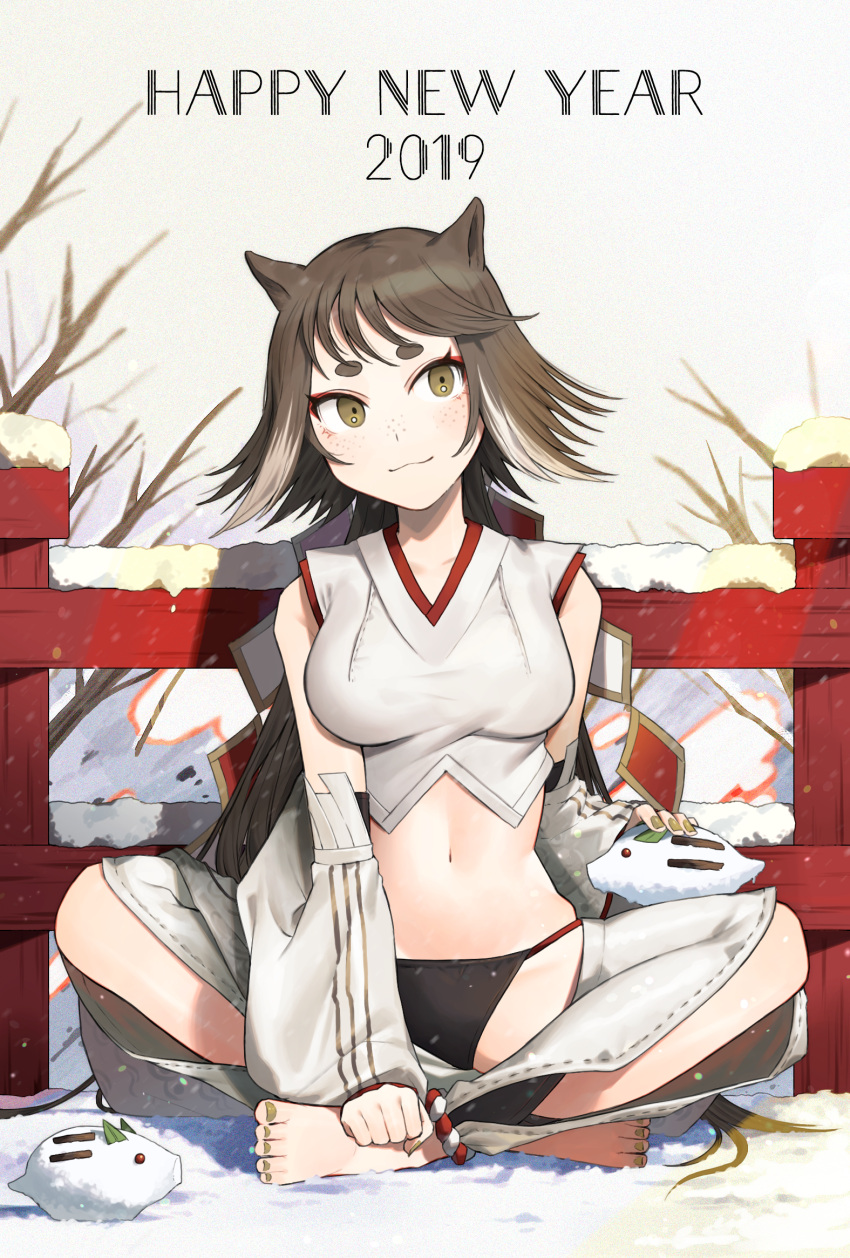1girl 2019 :3 animal_ears bangs bare_shoulders bare_tree barefoot black_panties blush breasts brown_eyes brown_nails cat_ears cat_girl closed_mouth commentary_request crop_top day detached_sleeves fence fingernails flipped_hair freckles full_body happy_new_year head_tilt highres indian_style long_hair long_sleeves looking_at_viewer medium_breasts nail_polish navel new_year on_ground original outdoors panties shibainu short_eyebrows sitting smile snow snow_sculpture snowing solo stomach straight_hair thick_eyebrows toenail_polish toenails tree underwear very_long_hair winter