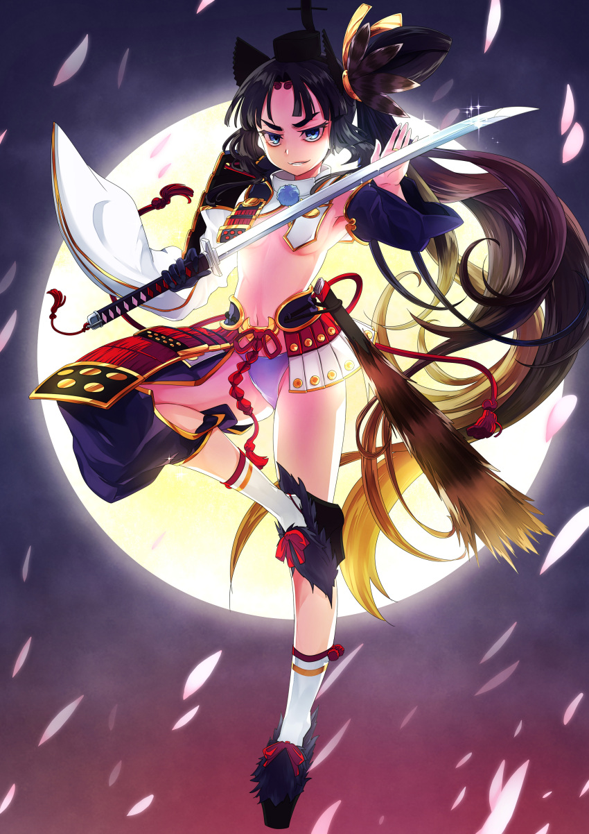 1girl absurdres armor black_gloves black_hair blue_eyes breasts butano_(star-dust_boxxx) detached_sleeves fate_(series) full_moon glint gloves highres holding holding_sword holding_weapon japanese_armor katana leg_up long_hair long_sleeves moon navel panties petals pom_pom_(clothes) purple_panties sheath side_ponytail single_glove small_breasts socks solo sparkle sword under_boob underwear unsheathed ushiwakamaru_(fate/grand_order) v-shaped_eyebrows very_long_hair weapon white_legwear wide_sleeves