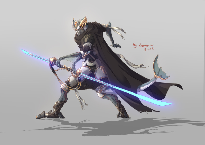 1other absurdres alien armor cape chinese_commentary commentary_request extra_arms extra_eyes fish_tail glowing glowing_weapon highres holding holding_weapon no_humans original sherman_(egnk2525) simple_background solo tail weapon
