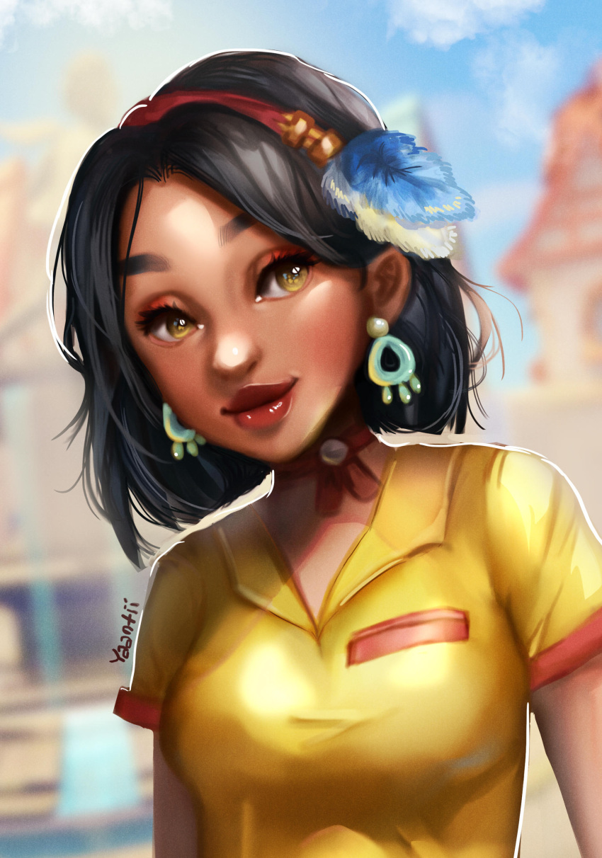 1girl absurdres artist_name black_hair black_skin blue_feathers breasts collared_shirt commentary dark_skin earrings english_commentary feathers hair_feathers highres jewelry medium_breasts my_time_at_portia shirt short_hair short_sleeves solo sonia_(my_time_at_portia) white_feathers yanting_sun yellow_eyes yellow_shirt