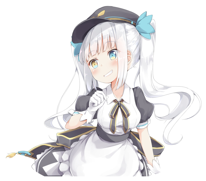 1girl :d apron aqua_ribbon arm_at_side bangs black_dress black_hat black_neckwear blue_eyes blush breasts collared_dress dress eyebrows_visible_through_hair floating_hair frilled_apron frilled_dress frills gloves gold_trim grin hair_ribbon hand_up hat head_tilt heterochromia highres kagura_mea kagura_mea_channel long_hair maid_apron medium_breasts neck_ribbon open_mouth peaked_cap pirason puffy_short_sleeves puffy_sleeves ribbon short_sleeves sidelocks silver_hair smile solo transparent_background twintails virtual_youtuber white_apron white_gloves yellow_eyes