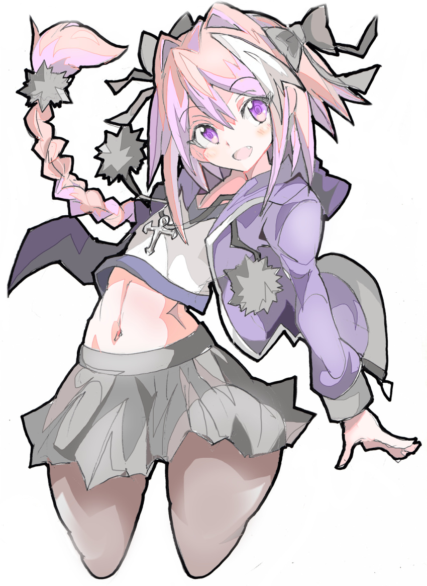 1boy :d astolfo_(fate) bangs black_bow black_skirt blush bow braid cowboy_shot cropped_legs crossdressinging drawstring enpe eyebrows_visible_through_hair fang fate/apocrypha fate_(series) hair_between_eyes hair_bow hair_intakes highres jacket long_hair long_sleeves looking_at_viewer multicolored_hair navel open_clothes open_jacket open_mouth pink_hair pom_pom_(clothes) purple_jacket simple_background single_braid skirt smile solo trap two-tone_hair violet_eyes white_background white_hair