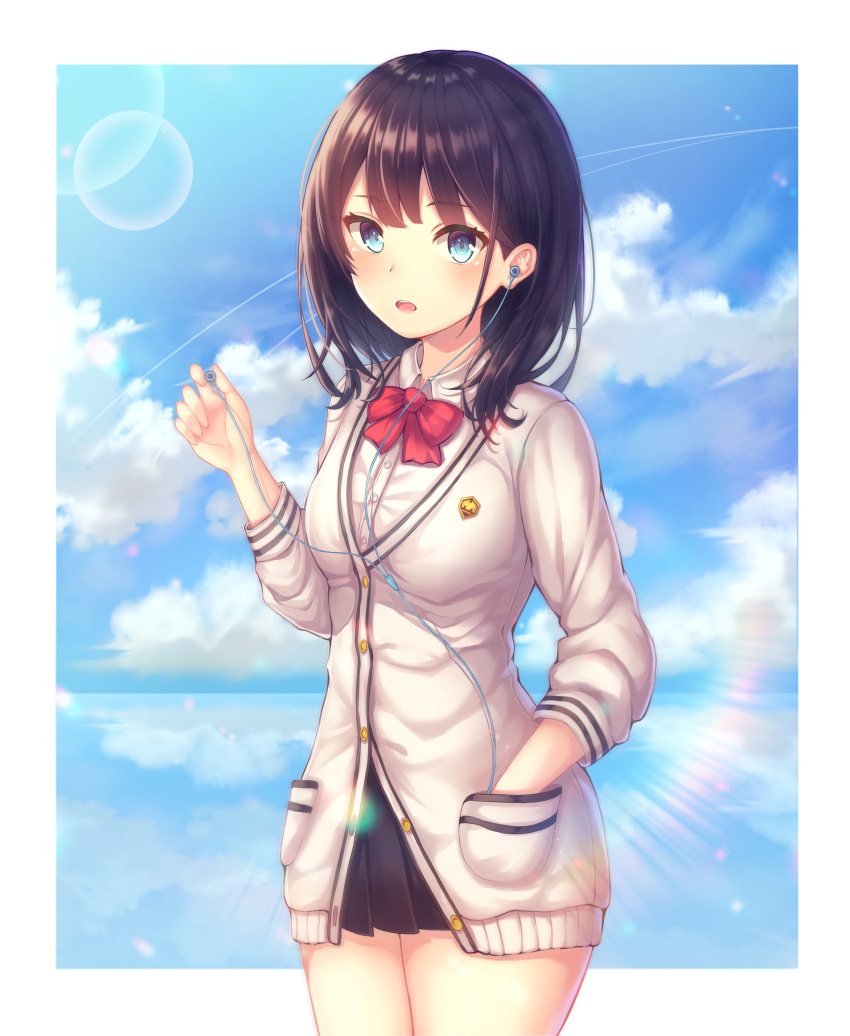 1girl :o absurdres bangs black_hair black_skirt blue_eyes border bow bowtie cardigan clouds cloudy_sky cowboy_shot dangmyo day earphones hand_in_pocket highres holding_earphone lens_flare long_hair long_sleeves looking_at_viewer open_mouth pleated_skirt red_bow red_neckwear reflection school_uniform shirt skirt sky solo ssss.gridman takarada_rikka white_border white_cardigan white_shirt