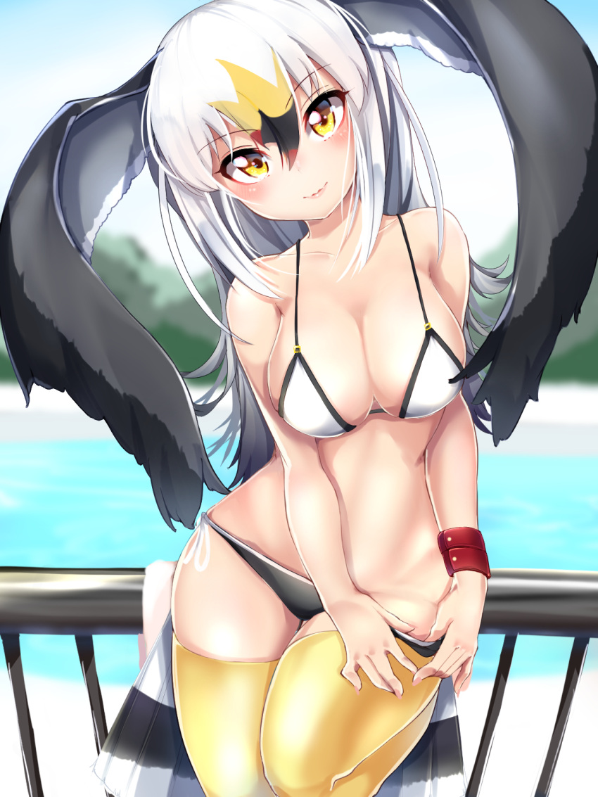 1girl bangs bare_arms bare_shoulders beach bikini bikini_pull bird_tail bird_wings black-tailed_gull_(kemono_friends) black_hair blonde_hair blurry blurry_background breasts cleavage closed_mouth collarbone commentary_request cowboy_shot day eyebrows_visible_through_hair groin hair_between_eyes head_tilt head_wings highres hips kemono_friends kinou_no_shika leg_up lips long_hair looking_at_viewer medium_breasts multicolored_hair on_railing outdoors pulled_by_self railing redhead side-tie_bikini side-tie_bottom smile solo standing standing_on_one_leg stomach swimsuit thigh-highs water white_hair wings yellow_eyes yellow_legwear