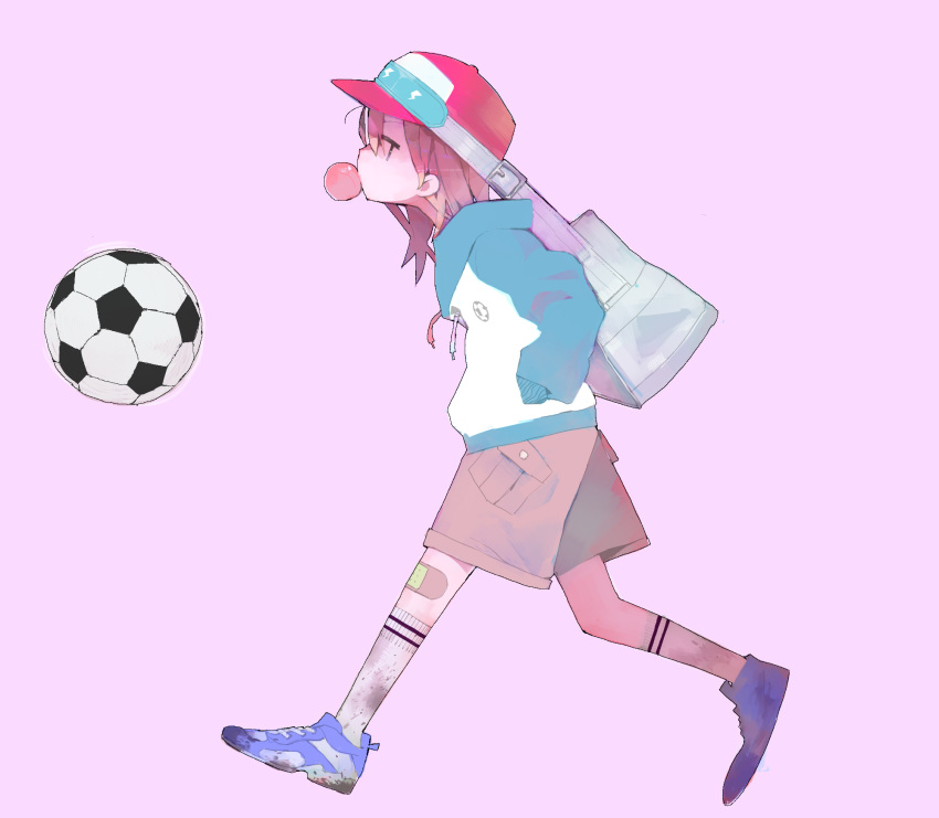 1girl ball bandaid_on_leg bangs baseball_cap blue_footwear blue_jacket brown_hair brown_shorts bubble_blowing chewing_gum dirty_socks hageshii_nakano hands_in_pockets hat highres hood hooded_jacket jacket kneehighs looking_at_viewer looking_to_the_side medium_hair pink_hat shoes shorts simple_background sneakers soccer_ball solo standing walking white_bag white_legwear