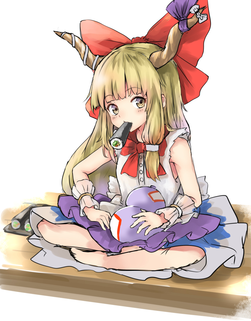1girl absurdres bangs barefoot blonde_hair blue_skirt bow bowtie brown_eyes commentary_request ehoumaki eyebrows_visible_through_hair food food_in_mouth gourd hair_bow highres horn_bow horn_ribbon horns ibuki_suika kushidama_minaka long_hair looking_at_viewer makizushi mouth_hold oni oni_horns purple_ribbon red_bow red_neckwear ribbon shirt simple_background single_sidelock sitting skirt sleeveless sleeveless_shirt solo sushi touhou white_background white_bow white_shirt wooden_floor wrist_cuffs