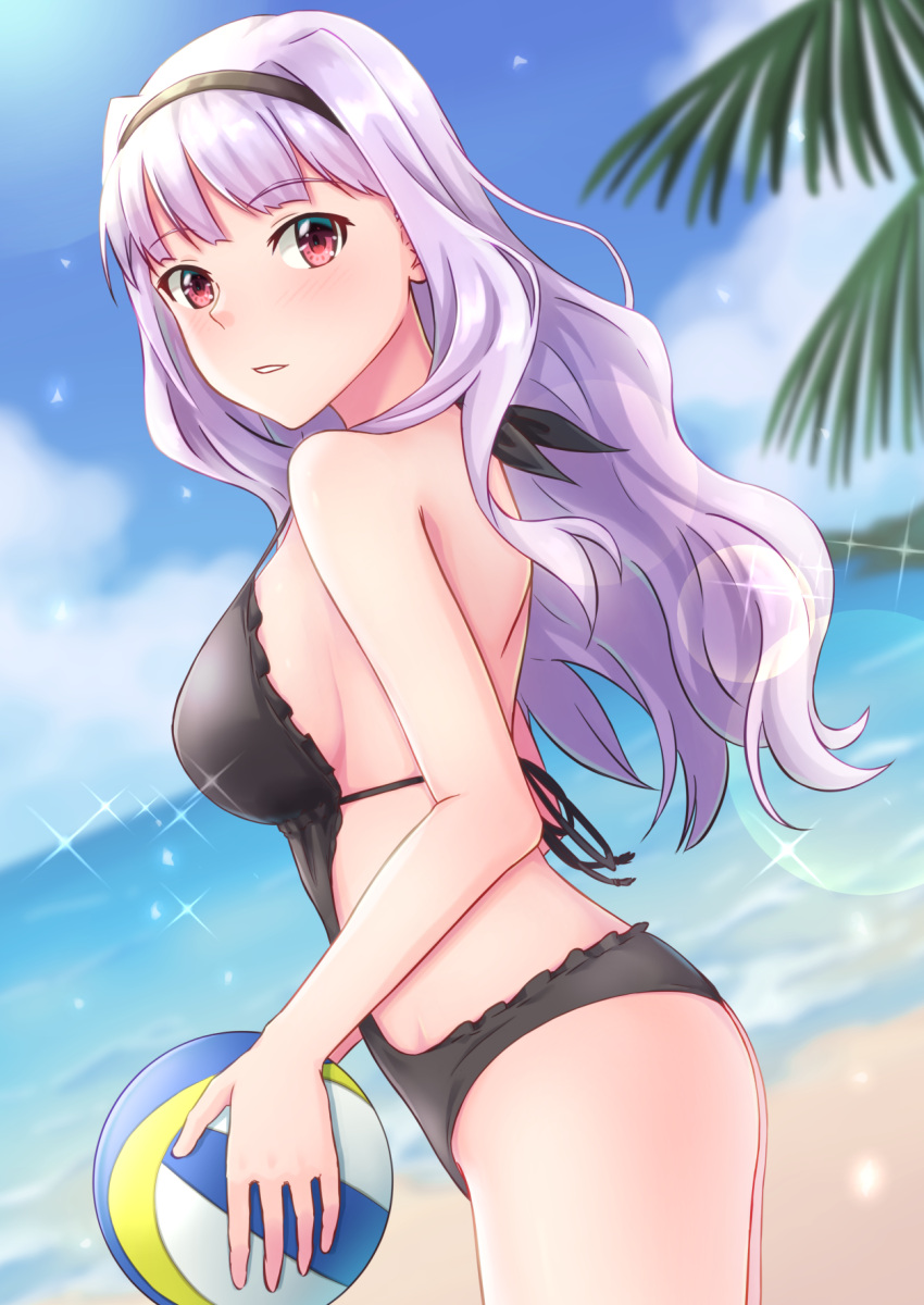 1girl backless_swimsuit ball beach black_hairband black_swimsuit blue_sky blurry blurry_background breasts casual_one-piece_swimsuit clouds cowboy_shot day eyebrows_visible_through_hair hairband highres holding holding_ball idolmaster idolmaster_(classic) large_breasts lens_flare long_hair looking_at_viewer ocean one-piece_swimsuit outdoors parted_lips red_eyes shijou_takane shiny shiny_hair silver_hair sky solo soujin sparkle standing swimsuit very_long_hair