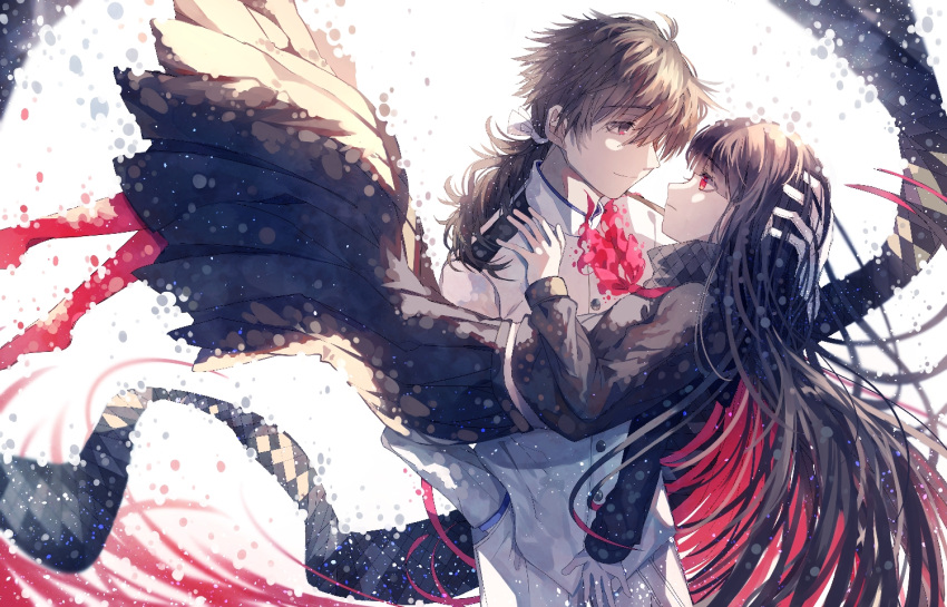 1boy 1girl black_dress black_hair black_scarf brown_eyes couple deep_(deep4946) dress eye_contact fate_(series) floating hand_in_pocket hand_on_another's_head hetero long_dress long_hair looking_at_another military military_uniform oryou_(fate) ponytail red_eyes red_legwear sailor_dress sakamoto_ryouma_(fate) scarf uniform very_long_hair
