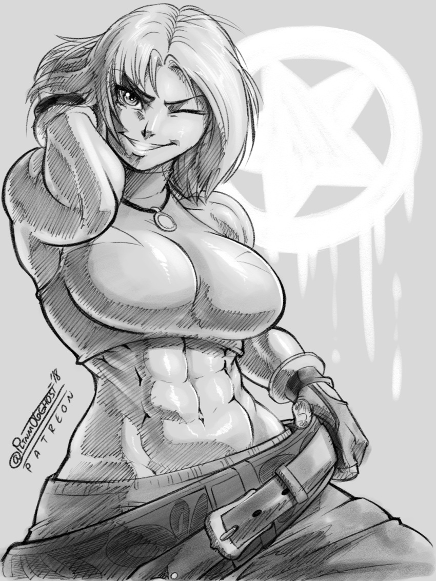 1girl 2018 ;d abs baggy_pants belt blue_mary breasts crop_top fatal_fury fingerless_gloves gloves greyscale grin hair_flip hand_in_hair hand_on_belt highres impossible_clothes jewelry joe_shimamura large_breasts looking_at_viewer loose_belt midriff monochrome muscle muscular_female navel necklace one_eye_closed open_mouth pants pendant short_hair signature sketch smile solo the_king_of_fighters
