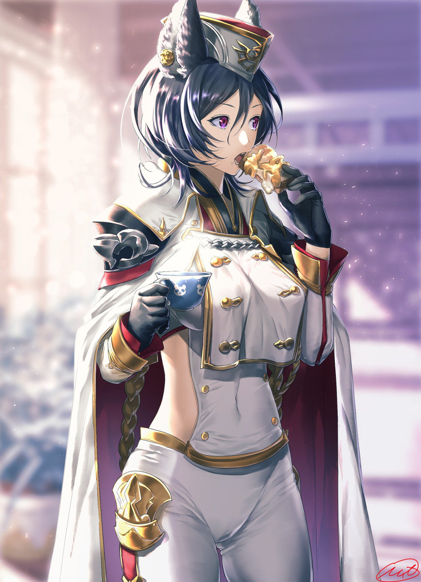 1girl animal_ears bangs black_gloves black_hair breasts commentary_request cup double-breasted eating erune food food_on_face gloves granblue_fantasy hair_between_eyes hat highres holding holding_cup ilsa_(granblue_fantasy) indoors jacket_on_shoulders large_breasts matsuki_tou military military_hat military_jacket military_uniform open_mouth pants short_hair shoulder_armor slice_of_pie solo uniform violet_eyes white_pants window
