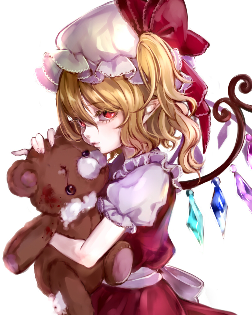 1girl bangs blonde_hair blood colored_eyelashes crystal damaged eyebrows_visible_through_hair fingernails flandre_scarlet hair_between_eyes hat hat_ribbon highres holding holding_stuffed_animal lips long_hair looking_at_viewer mob_cap one_side_up pointy_ears puffy_short_sleeves puffy_sleeves red_eyes red_ribbon red_skirt red_vest ribbon shirt short_sleeves simple_background skirt skirt_set solo stuffed_animal stuffed_toy stuffing teddy_bear touhou vest white_background white_hat white_shirt wikumi wings