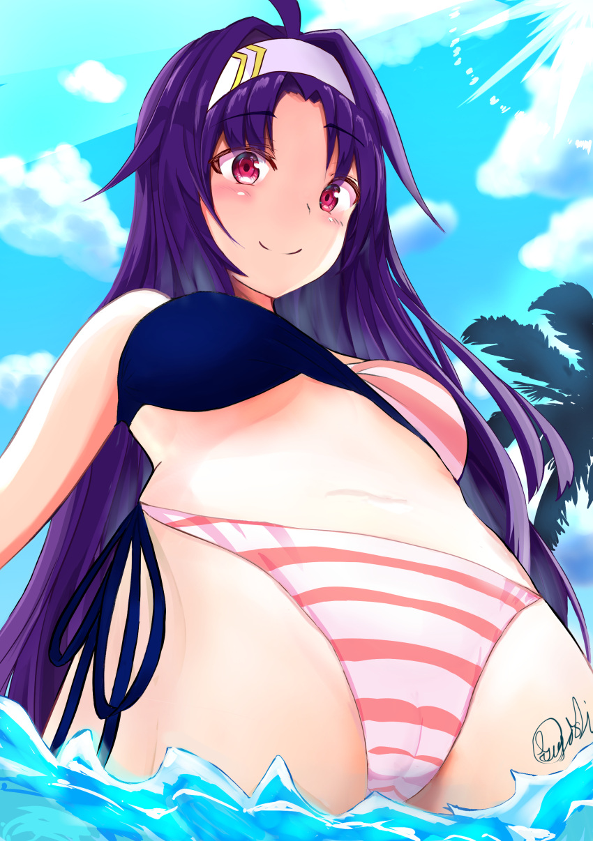 1girl absurdres ahoge bikini bra coconut_tree highres looking_at_viewer ocean outdoors palm_tree panties purple_hair red_eyes signature smile solo striped striped_panties swimsuit sword_art_online tree underwear yuuki_(sao)