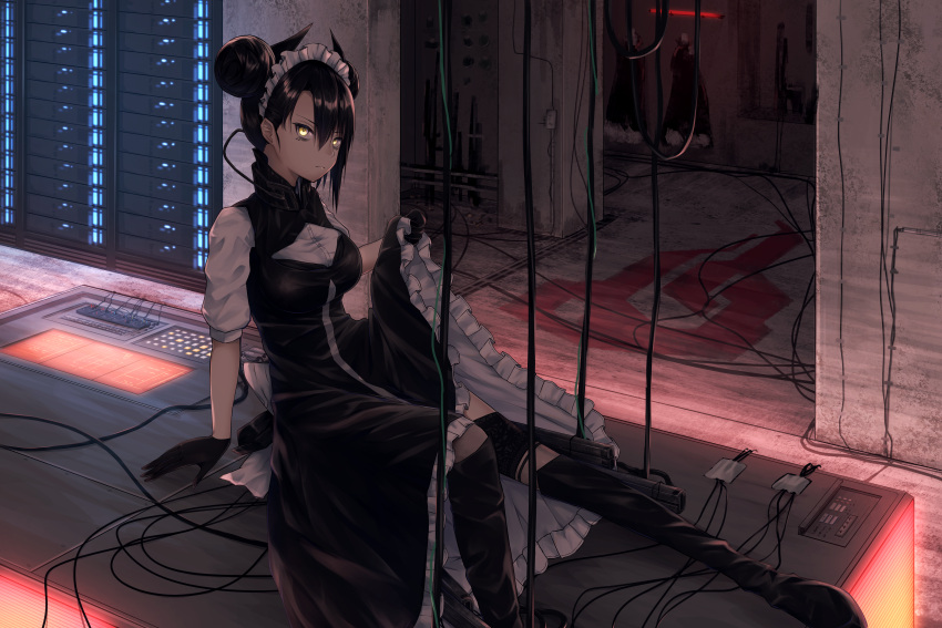 1girl absurdres agent_(girls_frontline) android arm_support bangs black_footwear black_gloves black_hair black_legwear boots cable double_bun dress dress_lift garter_straps girls_frontline gloves gun hair_between_eyes highres huge_filesize indoors lights long_hair looking_at_viewer maid maid_headdress nazuna_(nazuna_a2) puffy_sleeves reclining sangvis_ferri sidelocks sitting solo thigh-highs thigh_boots tsurime weapon yellow_eyes