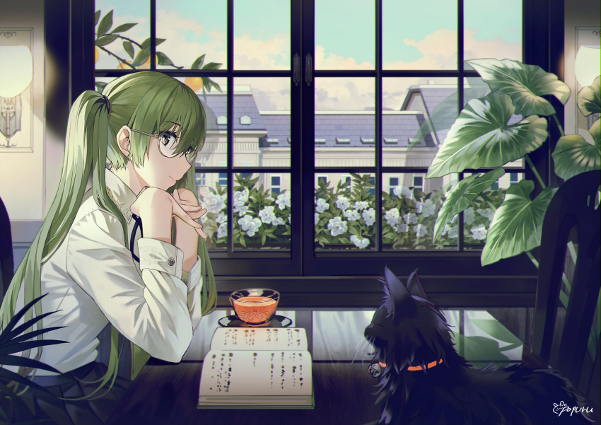 1girl animal bangs bell bespectacled black_cat black_neckwear black_skirt book cat chair chin_rest closed_mouth collared_shirt cup day drink eyebrows_visible_through_hair flower glasses green_eyes green_hair hair_between_eyes hatsune_miku indoors jingle_bell lace_trim long_hair long_sleeves looking_at_viewer looking_to_the_side miniskirt neck_ribbon open_book own_hands_together plant pleated_skirt popuru ribbon saucer shirt shirt_tucked_in sidelocks signature sitting skirt smile solo table teacup twintails vocaloid white_flower white_shirt window