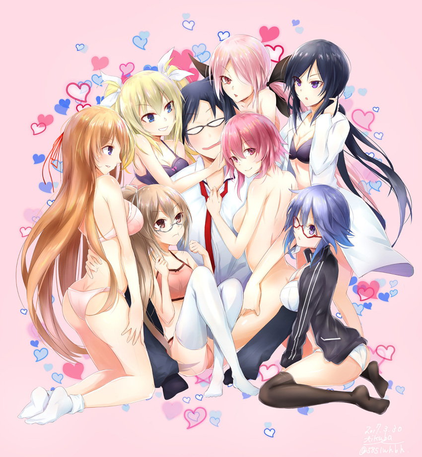 1boy 6+girls :t arimura_hinae ass bangs black_bow black_bra black_hair black_jacket black_legwear black_pants blonde_hair blue_eyes blue_hair bow bow_bra bra breasts brown_hair chaos;child cleavage collarbone dress_shirt eyebrows_visible_through_hair floating_hair glasses grin hair_between_eyes hair_bow hair_over_one_eye hair_ribbon hand_in_hair harem head_tilt high_ponytail highres jacket kazuki_hana kunosato_mio kurusu_nono labcoat large_breasts long_hair looking_at_viewer medium_breasts minamisawa_senri miyashiro_takuru multiple_girls necktie nude onoe_serika open_clothes open_jacket open_mouth panties pants parted_bangs pink_background pink_bra pink_hair pink_panties purple_bra red-framed_eyewear red_eyes red_neckwear red_ribbon ribbon semi-rimless_eyewear shiny shiny_hair shirt short_hair sideboob smile thigh-highs twintails under-rim_eyewear underwear underwear_only very_long_hair violet_eyes white_bow white_bra white_legwear white_panties white_ribbon white_shirt yakku yamazoe_uki