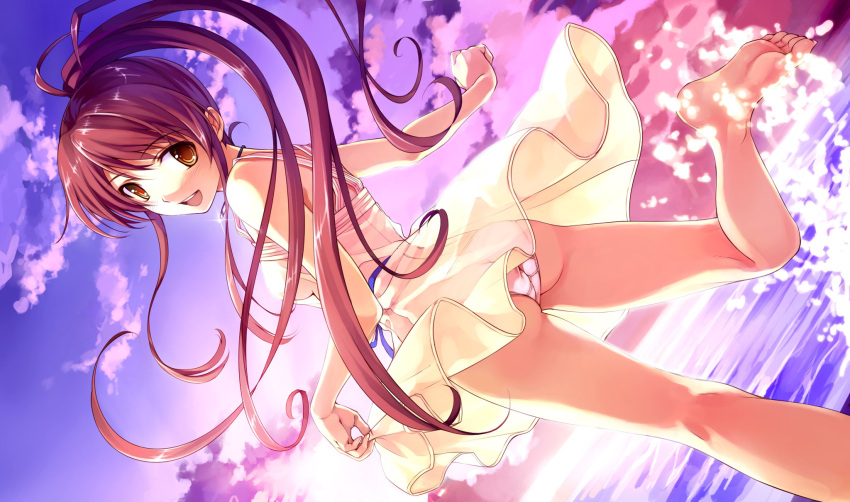 aqua_eyes barefoot brown_eyes cloud clouds cradle_(artist) deep_blue_sky_&amp;_pure_white_wings dress dress_lift feet game_cg highres jewelry legs long_hair looking_back misaki_kurehito miyamae_tomoka necklace no_bra open_mouth panties ponytail red_hair redhead see-through sky smile splash suiheisen_made_nan_mile? sunset underwear water white_panties