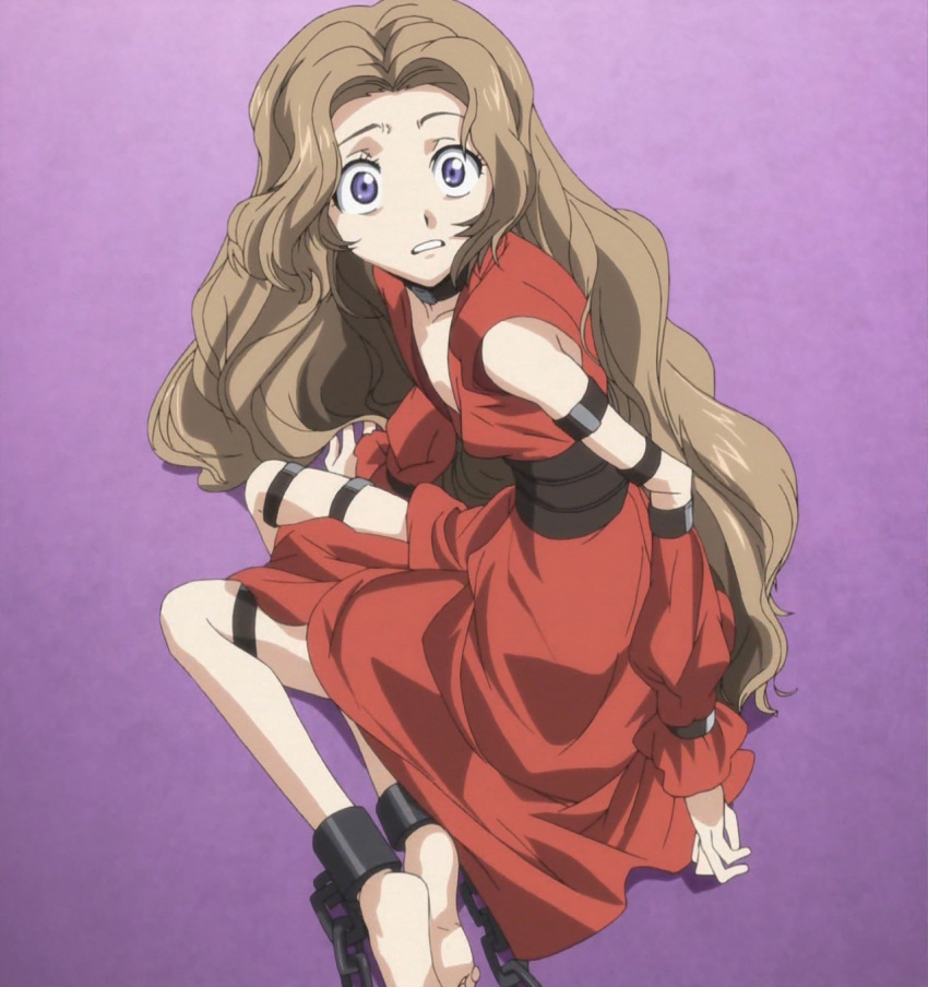 bad_proportions barefoot blue_eyes brown_hair cap chain chains code_geass detached_sleeves dress feet highres kneeling long_hair looking_back nunnally_lamperouge screencap shocked slave_uniform soles spoilers stitched strap straps surprise surprised thigh_strap