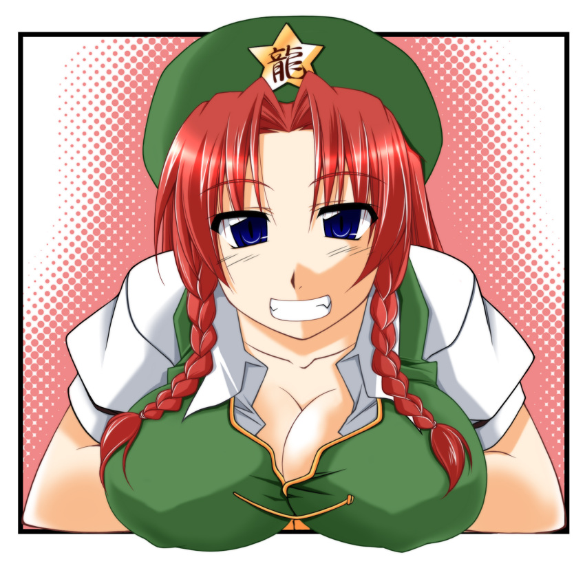 blue_eyes braid breasts china_dress chinadress chinese_clothes cleavage grin hat highres hong_meiling inu_mamoru_mizuki inue long_hair red_hair redhead smile solo touhou twin_braids twintails