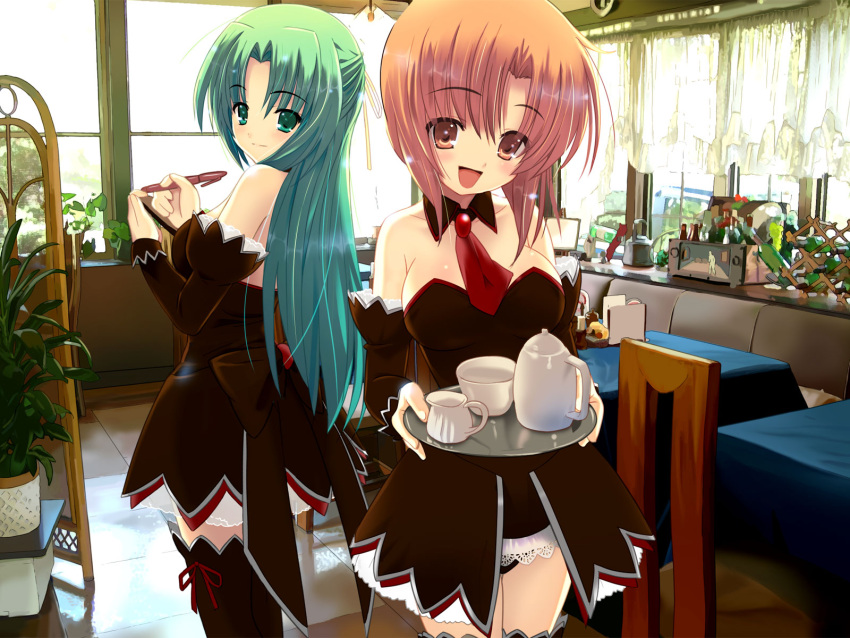 green_eyes green_hair highres higurashi_no_naku_koro_ni houmitsu long_hair orange_hair ryuuguu_rena serving_tray short_hair sonozaki_mion sonozaki_shion thigh-highs thighhighs tray waitress zettai_ryouiki