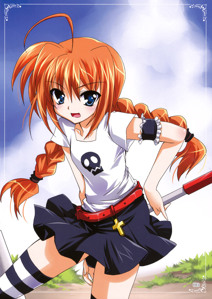 arm_garter belt blue_eyes blush braid casual child cloud cross flat_chest graf_eisen grass highres kanna_(plum) long_hair mahou_shoujo_lyrical_nanoha mahou_shoujo_lyrical_nanoha_a's mahou_shoujo_lyrical_nanoha_a's orange_hair outdoors scan skirt skull sky solo striped striped_legwear t-shirt thighhighs twin_braids vita zettai_ryouiki