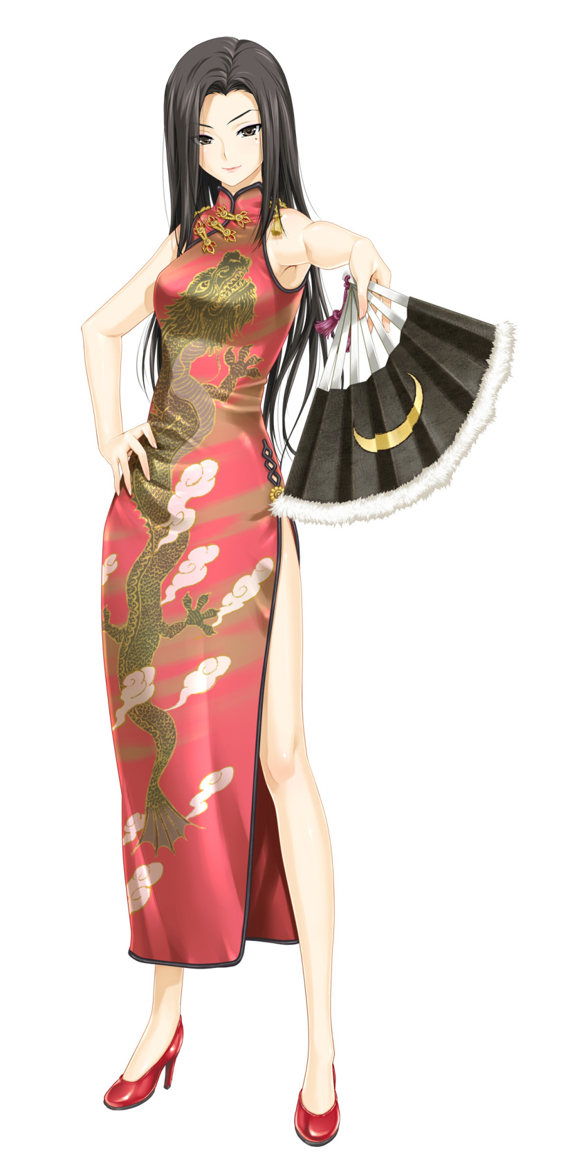 1girl bare_arms black_hair brown_eyes china_dress chinadress chinese_clothes closed_mouth crescent crescent_moon dragon fan female folding_fan full_body getsurei_ryu hand_on_hip happoubi_jin high_heels highres holding holding_fan long_hair mole mole_under_eye moon no_socks print_dress red_footwear red_shoes shoes side_slit simple_background sleeveless sleeveless_dress solo standing white_background zettai_shougeki