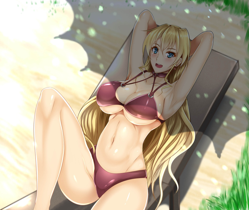 1girl absurdres arms_behind_head bare_shoulders bikini blonde_hair blue_eyes blush chair claire_harvey earrings highres hundred jewelry k_kung long_hair looking_at_viewer lying on_back open_mouth shade solo swimsuit