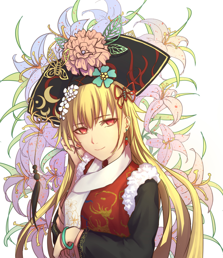 1girl arm_across_chest bangle black_dress blonde_hair bracelet butterfly_hair_ornament butterfly_hat_ornament dress earrings fingernails floral_background floral_print flower fur_trim hair_between_eyes hair_ornament hand_in_hair hat hat_flower head_tilt highres jewelry junko_(touhou) lily_(flower) long_hair long_sleeves looking_at_viewer print_scarf red_eyes scarf smile solo tabard touhou upper_body very_long_hair white_background yangsan_(2991076090)